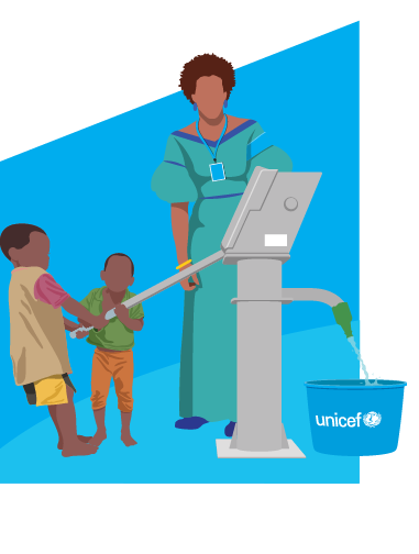 a pile of coins pile up on the left side of a line graph that grows to the right, where a mother and two children pump water into a UNICEF bucket. Right third of the graph is visible.