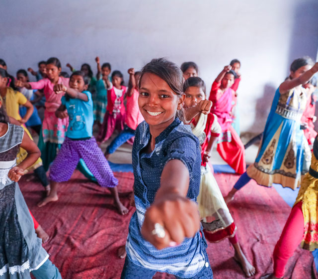 Adolescent girls attend Karate classes organized as part of the program in Madanpur Jamua block of Giridih.