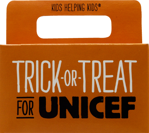 Orange box with the text Trick-or-Treat for UNICEF, and Kids helping kids.