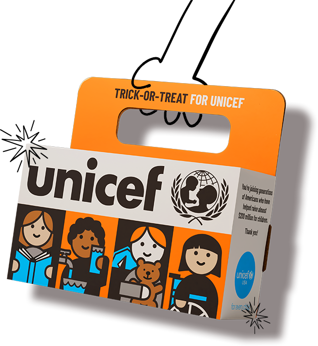 A Trick-or-Treat for UNICEF box with four simple cartoons of children printed on the side.