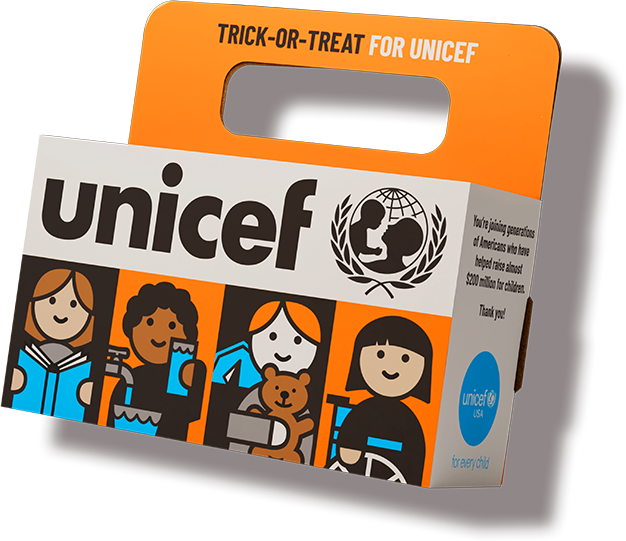 A Trick-or-Treat for UNICEF box with four simple cartoons of children printed on the side.