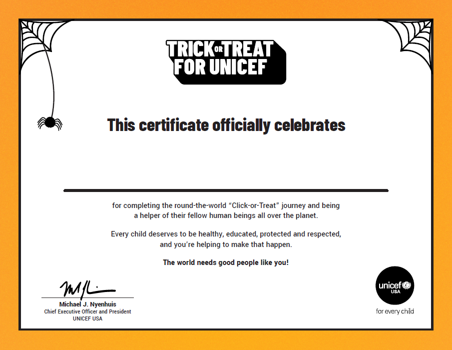 Trick-or-Treat for UNICEF Certificate