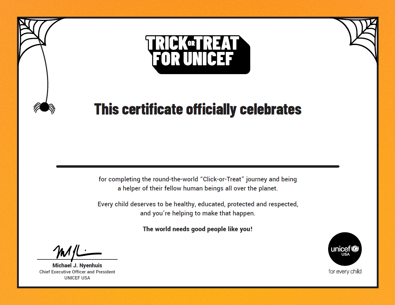 Trick-or-Treat for UNICEF Certificate