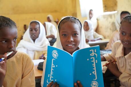 Pupils at Diam Elementary School for girls in Sudan attend class on the first day of school in April 2024.