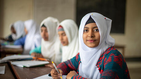 14-year-old Tabassum of Class VIII from Bania Bazar High School in Jamalpur, Mymensingh showing her interest in knowing about STEM (Science, Technology, Engineering and Maths) education on 24 January 2024.