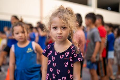 Mariam, 3, displaced by conflict, is staying with her family in a shelter in Beirut. 