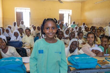 On Oct. 3, 2024, students attend class at UNICEf-supported Salalab Eastern Basic and Primary School for Girls and Boys in Port Sudan.