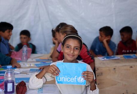 Tala, 10, attends a UNICEF temporary learning space in the Gaza Strip on Oct. 24, 2024. 