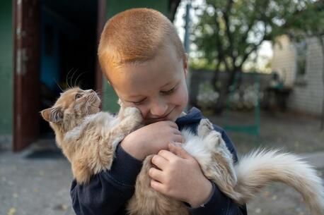 On Oct. 23, 2024 in Khotimlya, Kharkiv region, 5-year-old Andriy plays with a cat near his family’s rented house.