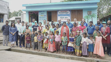 October 2023: Xylem employees visit an Early Childhood center in rural Karnataka to learn how access to safe water in institutions through the government of India’s Jal Jeevan Mission is improving community health and outcomes for children. UNICEF has played a key role in the revamping and implementation of the Mission to ensure access for the hardest-to-reach communities.