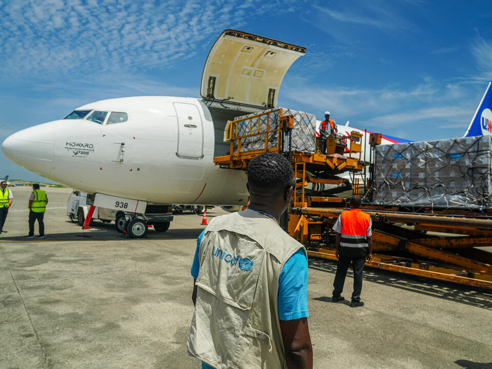 14 tones of emergency medical supplies land at Port-au-Prince airport on May 30, 2024, the first shipment to arrive following a three-month closure.