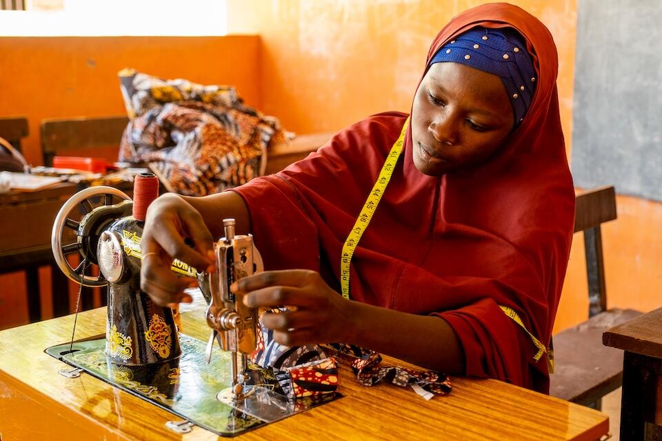 Fatima, 17, at her vocational training center in Gonidamgari Primary School, Maiduguri, Nigeria.