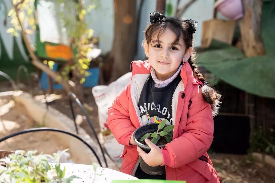 Six-year-old Naya, one of several children participating in a youth-led “Climate Friends” initiative in Zarqa, Jordan.