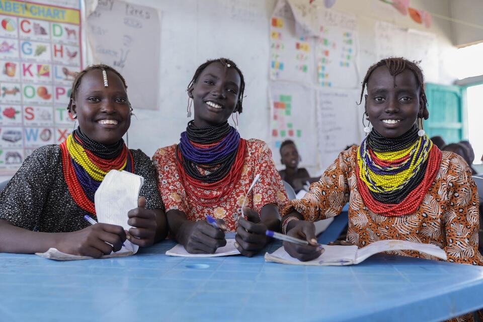 Students attending classes in South Omo, Ethiopia after being displaced from their homes by drought and flood.