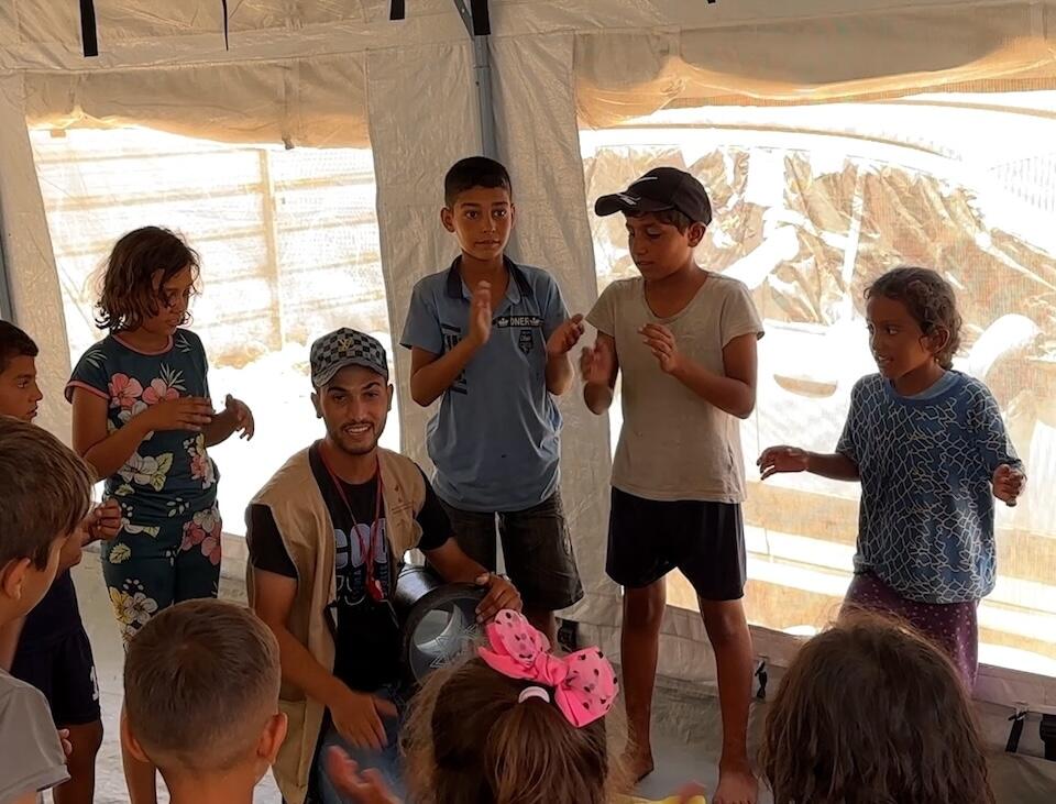 Children play and learn in UNICEF-supported temporary learning spaces, like this one in Deir al Balah, Gaza Strip. 