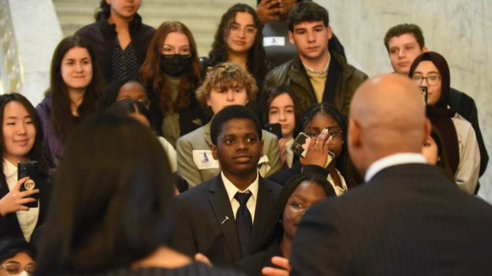 David, center, a UNICEF USA youth leader, attending the Maryland legislative session as a student advocate at age 16.