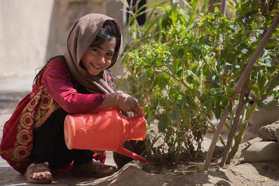 Asma, 8, waters plants outside her home from a new water tap installed outside her house in Afghanistan. 