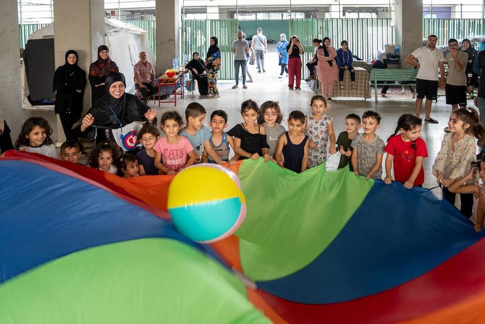 In Lebanon, displaced children participate in a psychosocial support session activity provided by UNICEF and partners to support their recovery from the recent traumatic events they have experienced amid escalating conflict in the country.