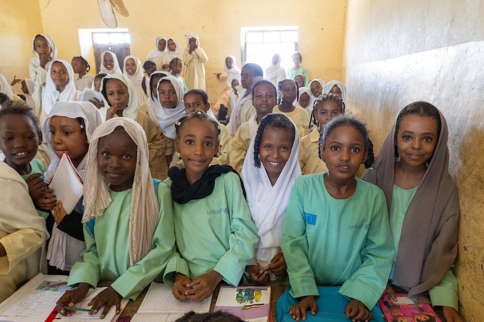 Students attend class at UNICEF-supported Salalab Eastern Basic and Primary School for Girls and Boys in Port Sudan on Oct. 1, 2024.