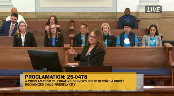 Screenshot of a live broadcast of Denver City Council, with the caption, "Proclamation: 25-0478, a proclamation celebrating Denver's bid to become a UNICEF recognized child-friendly city."