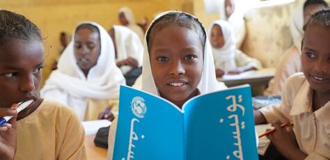 Pupils at Diam Elementary School for girls in Sudan attend class on the first day of school in April 2024.