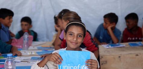 Tala, 10, attends a UNICEF temporary learning space in the Gaza Strip on Oct. 24, 2024. 