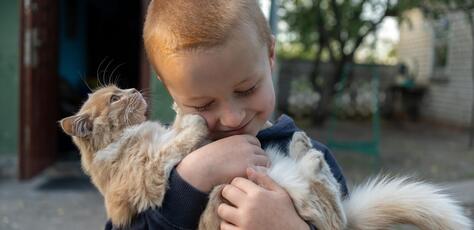 On Oct. 23, 2024 in Khotimlya, Kharkiv region, 5-year-old Andriy plays with a cat near his family’s rented house.