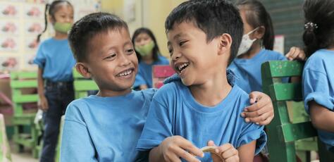 Students are happy to return to school at Hanginan Elementary, Maasin City, the Philippines. 